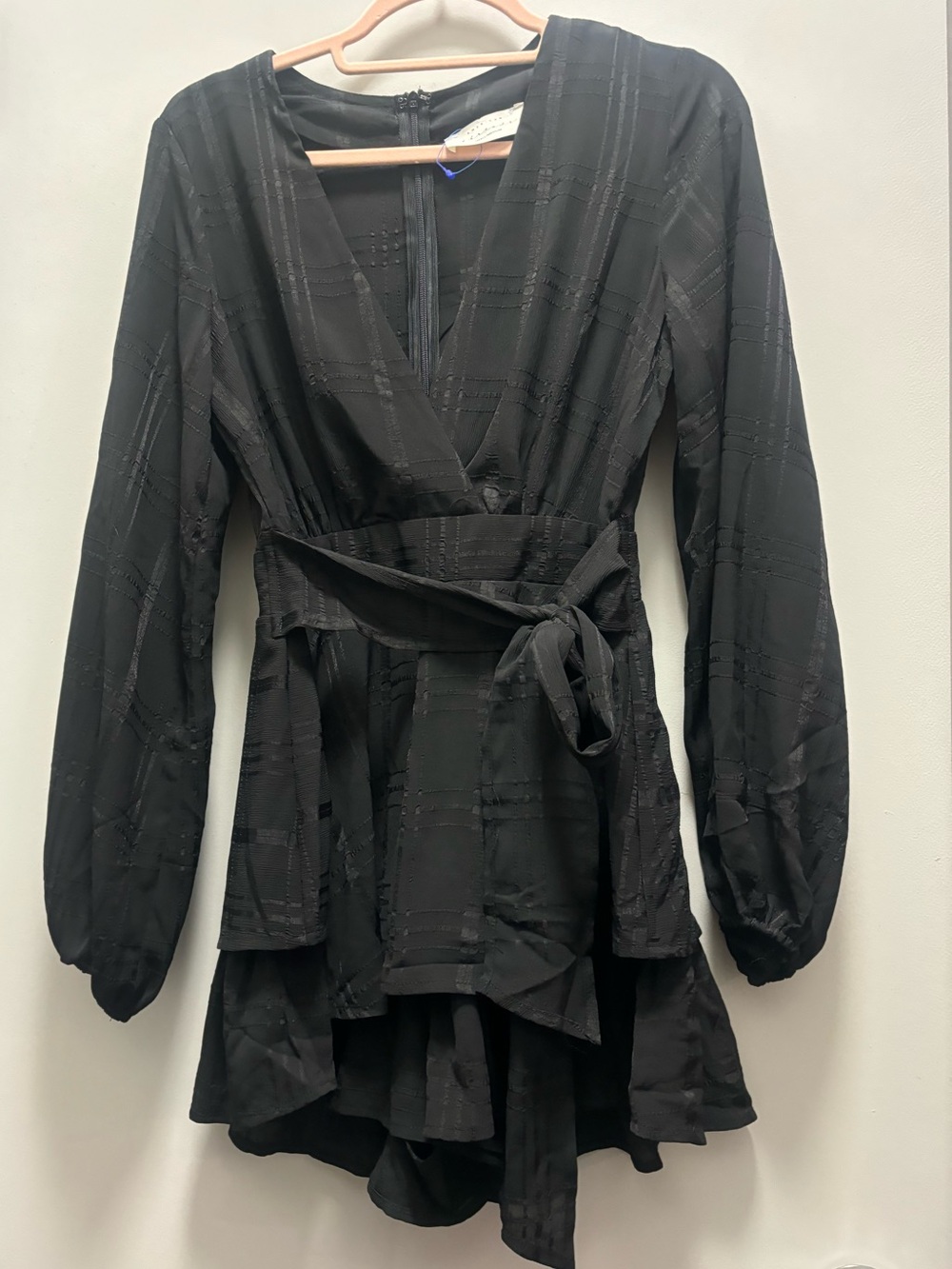 American Threads Black Long Sleeve Wrap Dress with Waist Tie